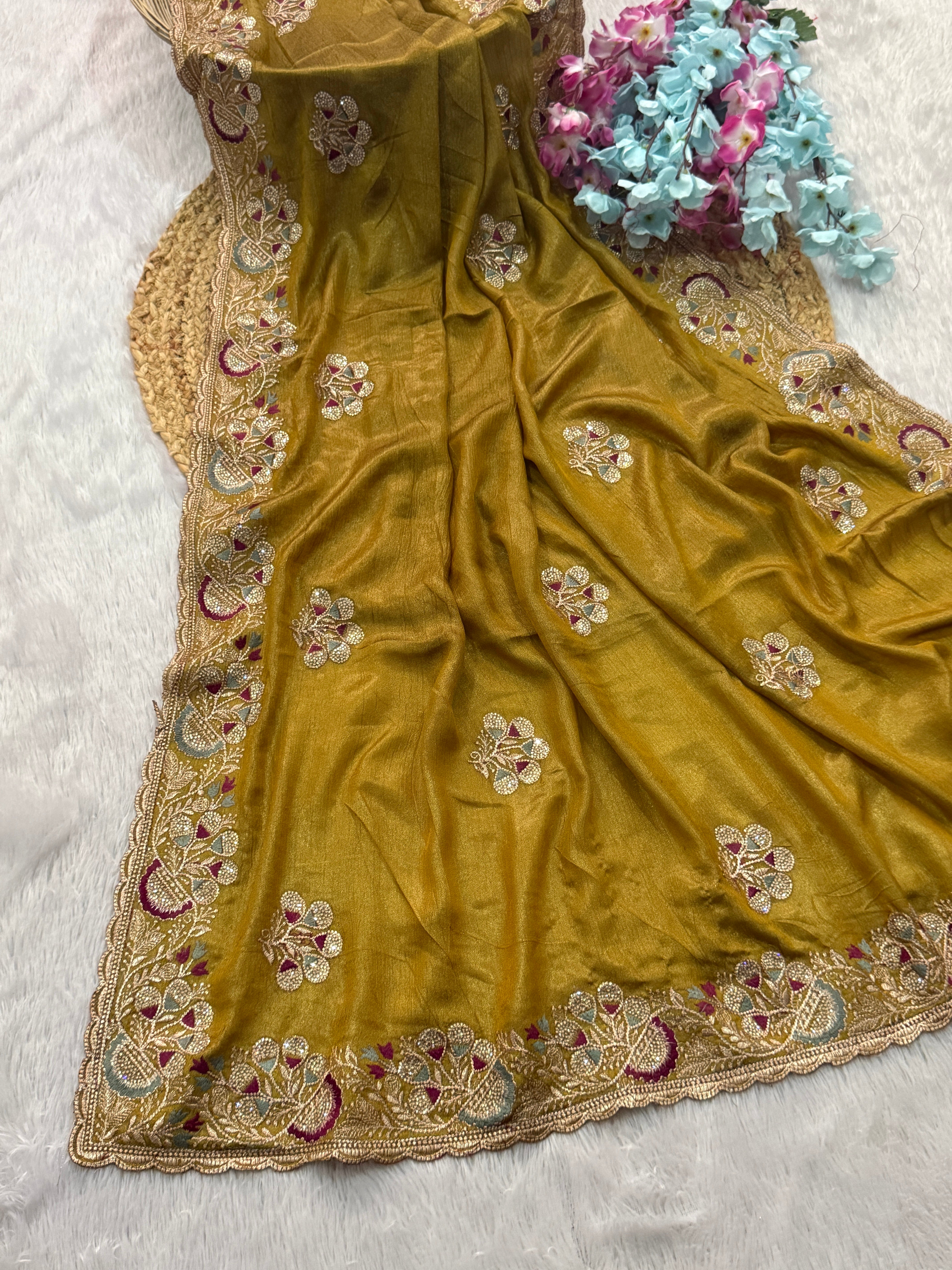 Mustard Gold Embroidered Saree