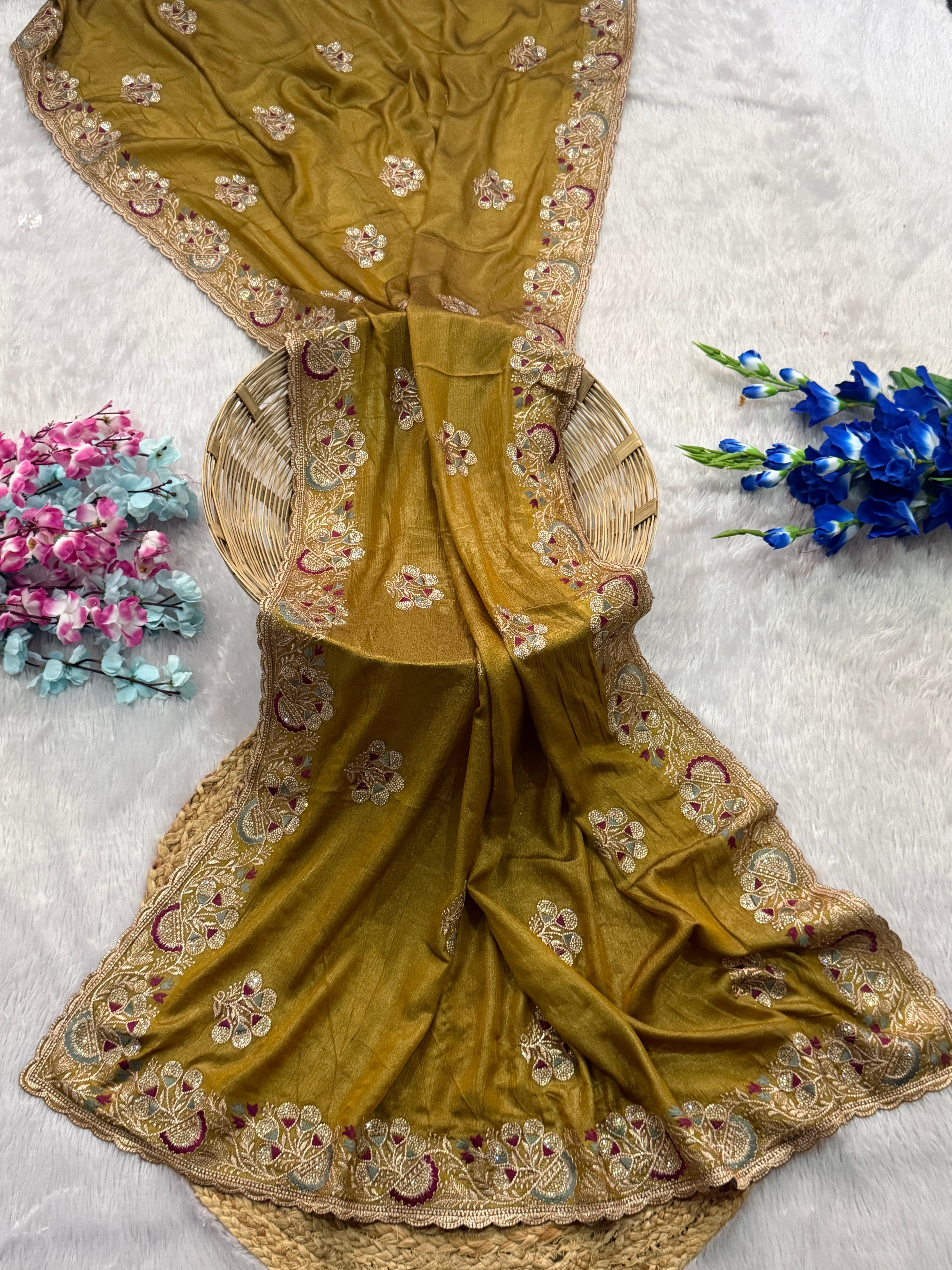 Mustard Gold Embroidered Saree