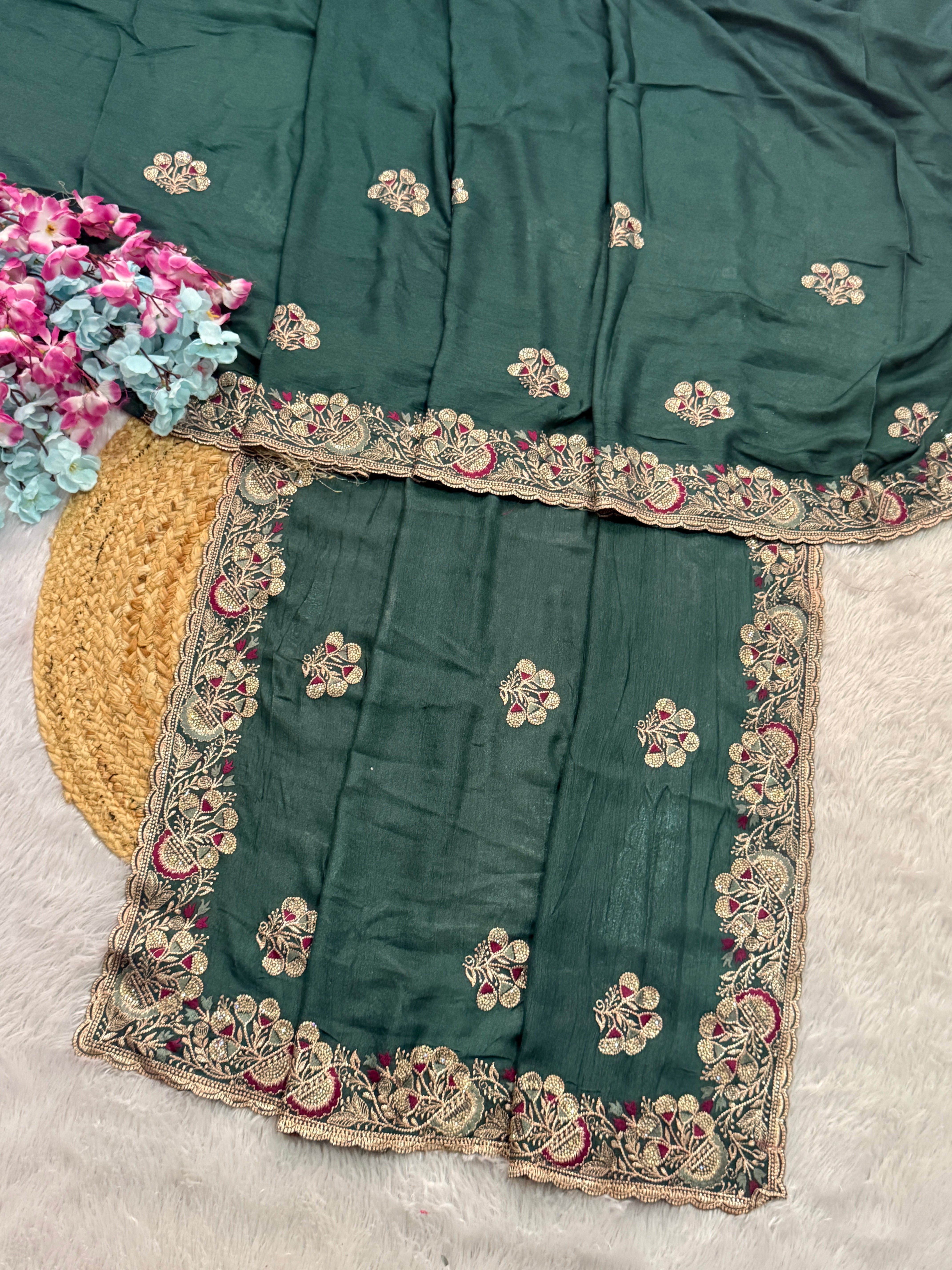 Elegant Green Embroidered Saree with Intricate Border Work