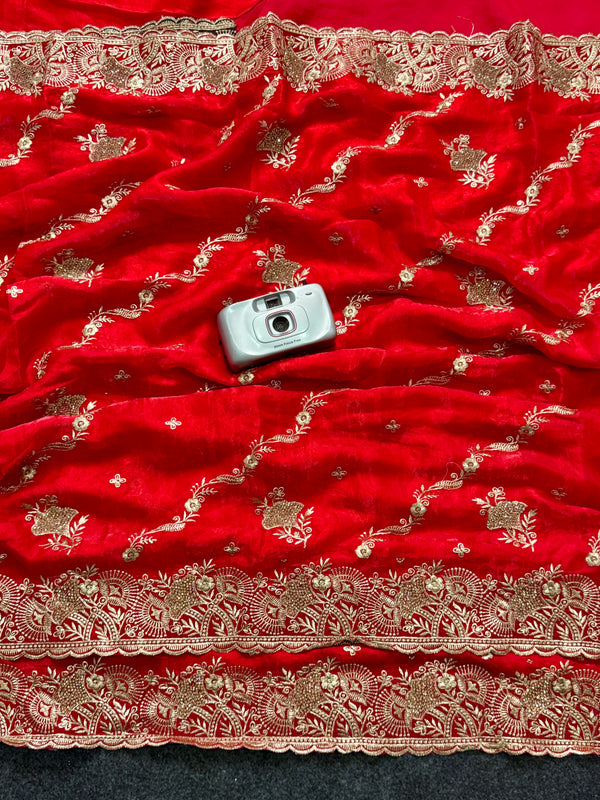 Elegant Mauve Red Embroidered Saree