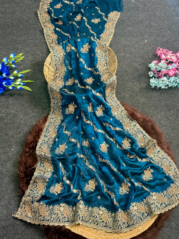 Royal Teal Blue Embroidered Saree