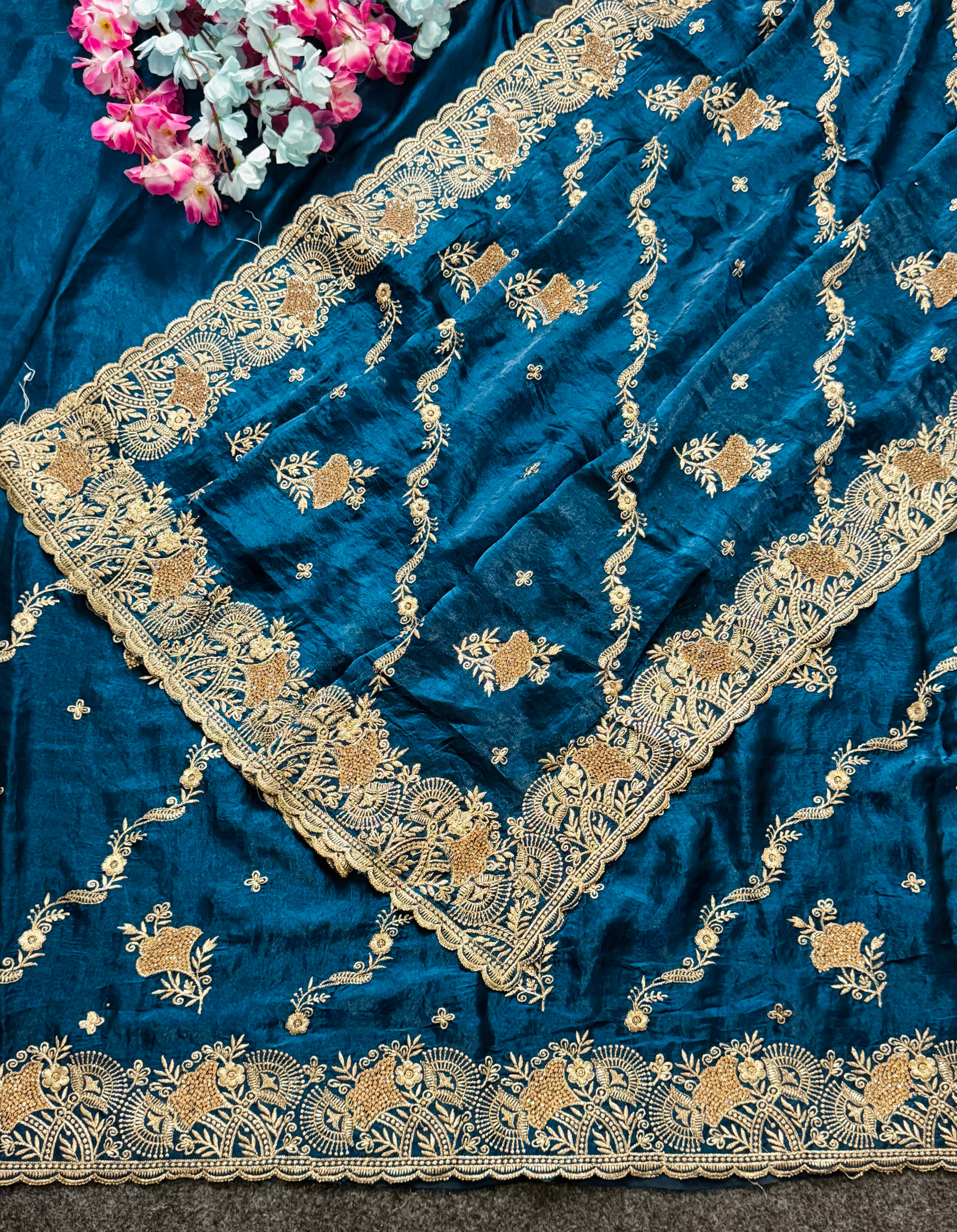 Royal Teal Blue Embroidered Saree