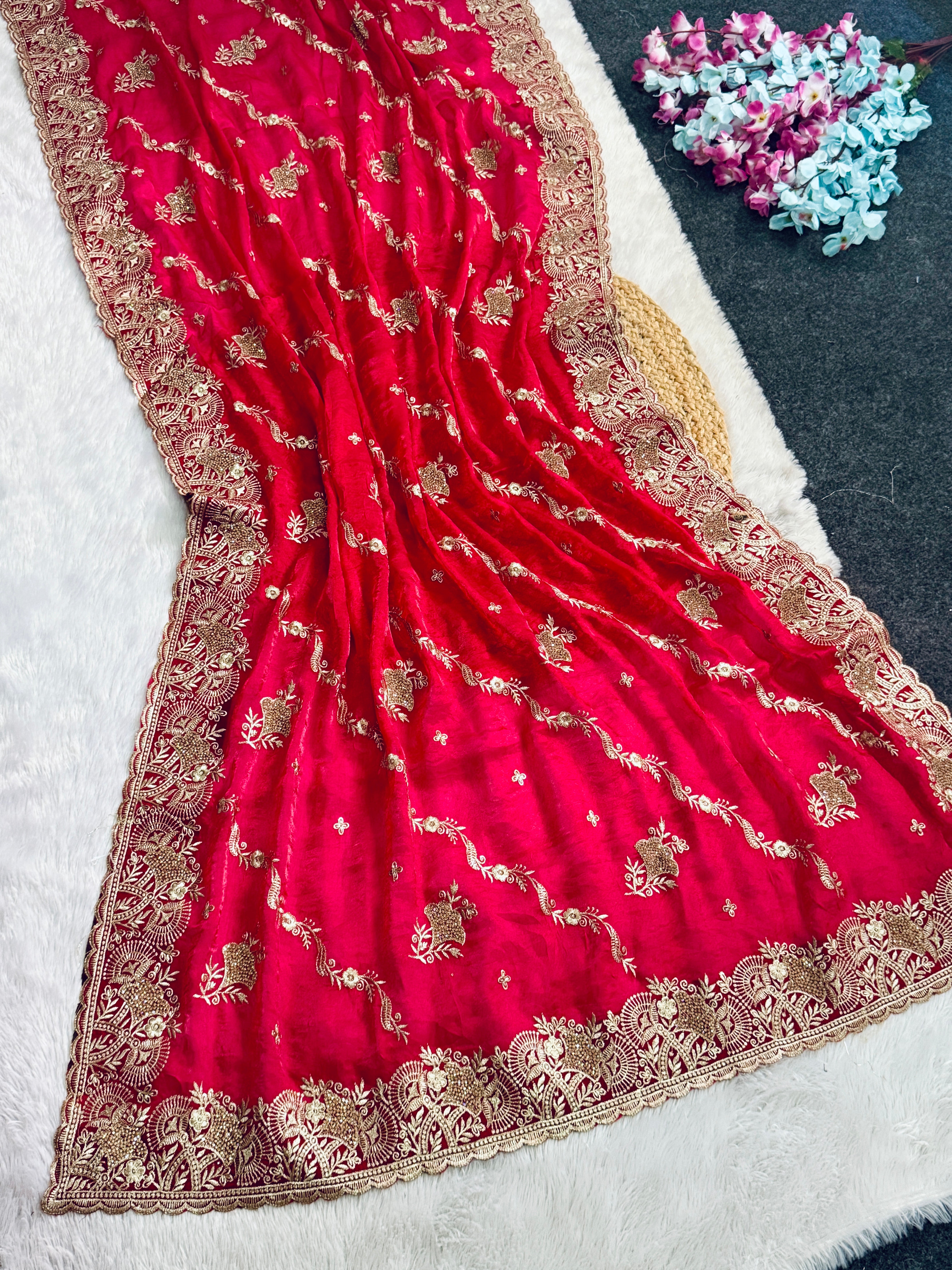 Elegant rani Pink Embroidered Saree