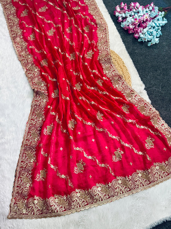 Elegant rani Pink Embroidered Saree