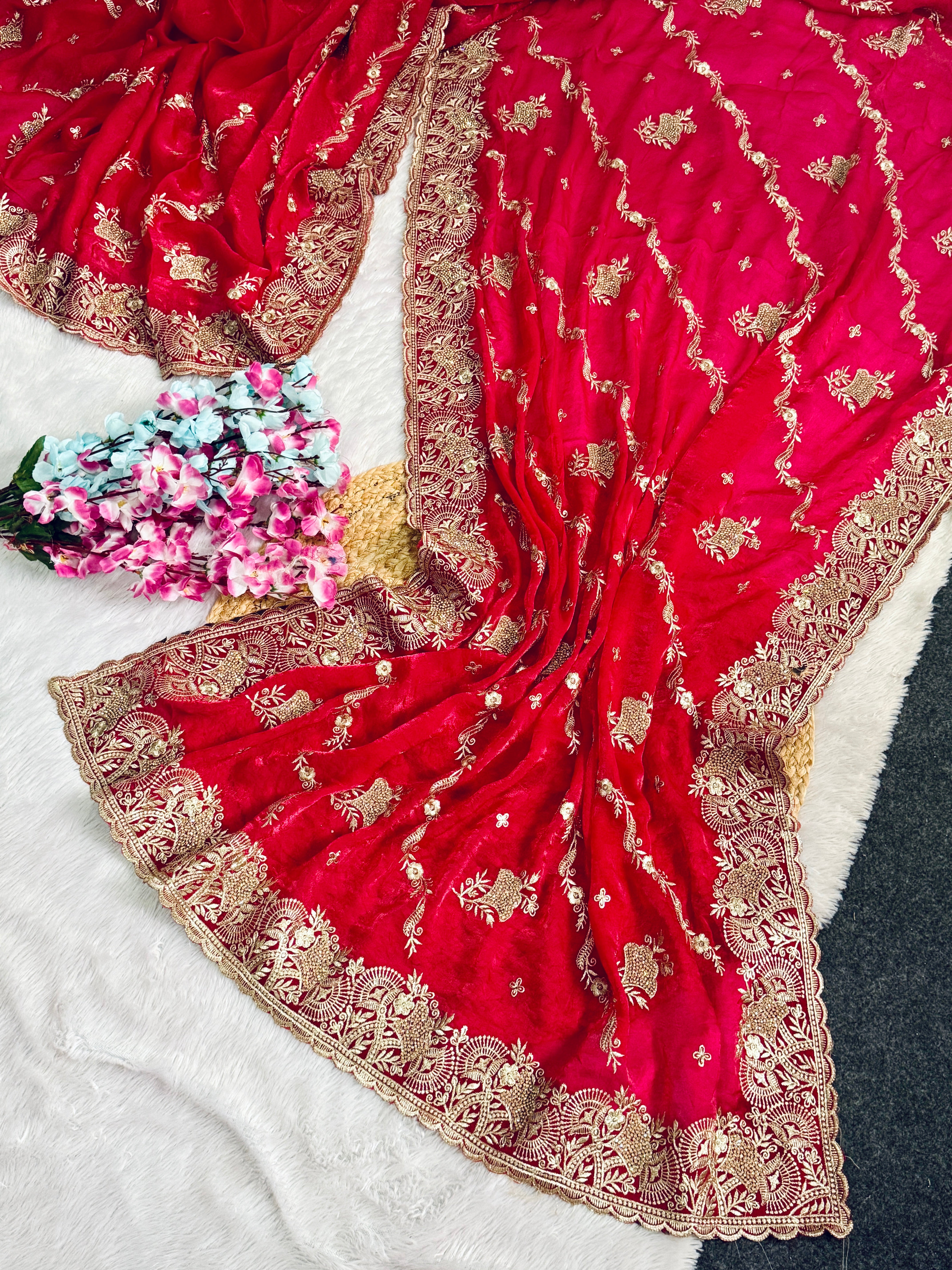 Elegant rani Pink Embroidered Saree