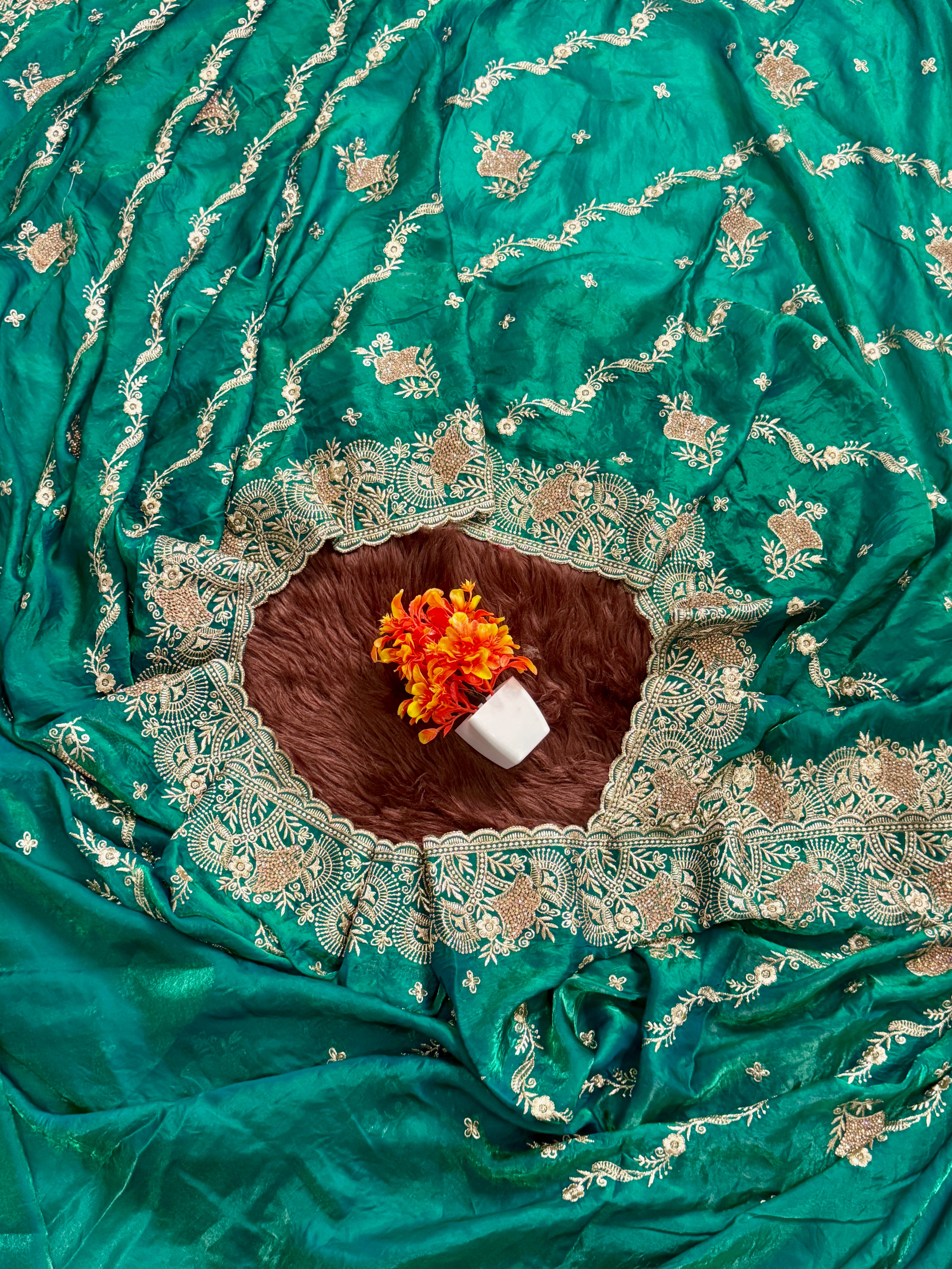 Elegant Green Embroidered Saree with Intricate Border Work