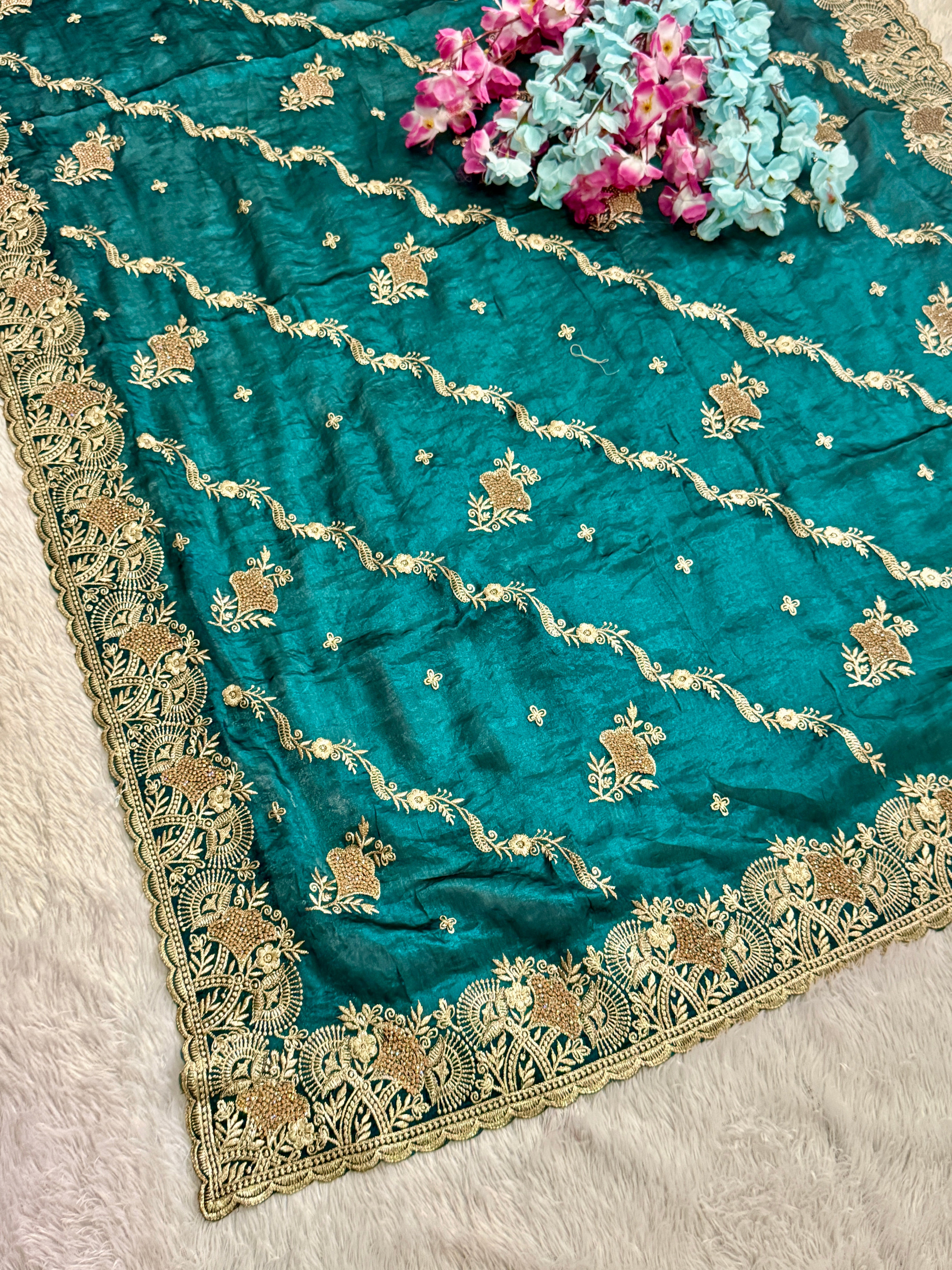 Elegant Green Embroidered Saree with Intricate Border Work